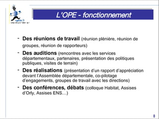 Des réunions de travail   (réunion plénière, réunion de groupes, réunion de rapporteurs)   Des auditions   (rencontres avec les services départementaux, partenaires, présentation des politiques publiques, visites de terrain) Des réalisations   (présentation d’un rapport d’appréciation devant l’Assemblée départementale, co-pilotage d’engagements, groupes de travail avec les directions) Des conférences, débats   (colloque Habitat, Assises d’Orly, Assises ENS…) L’OPE - fonctionnement 