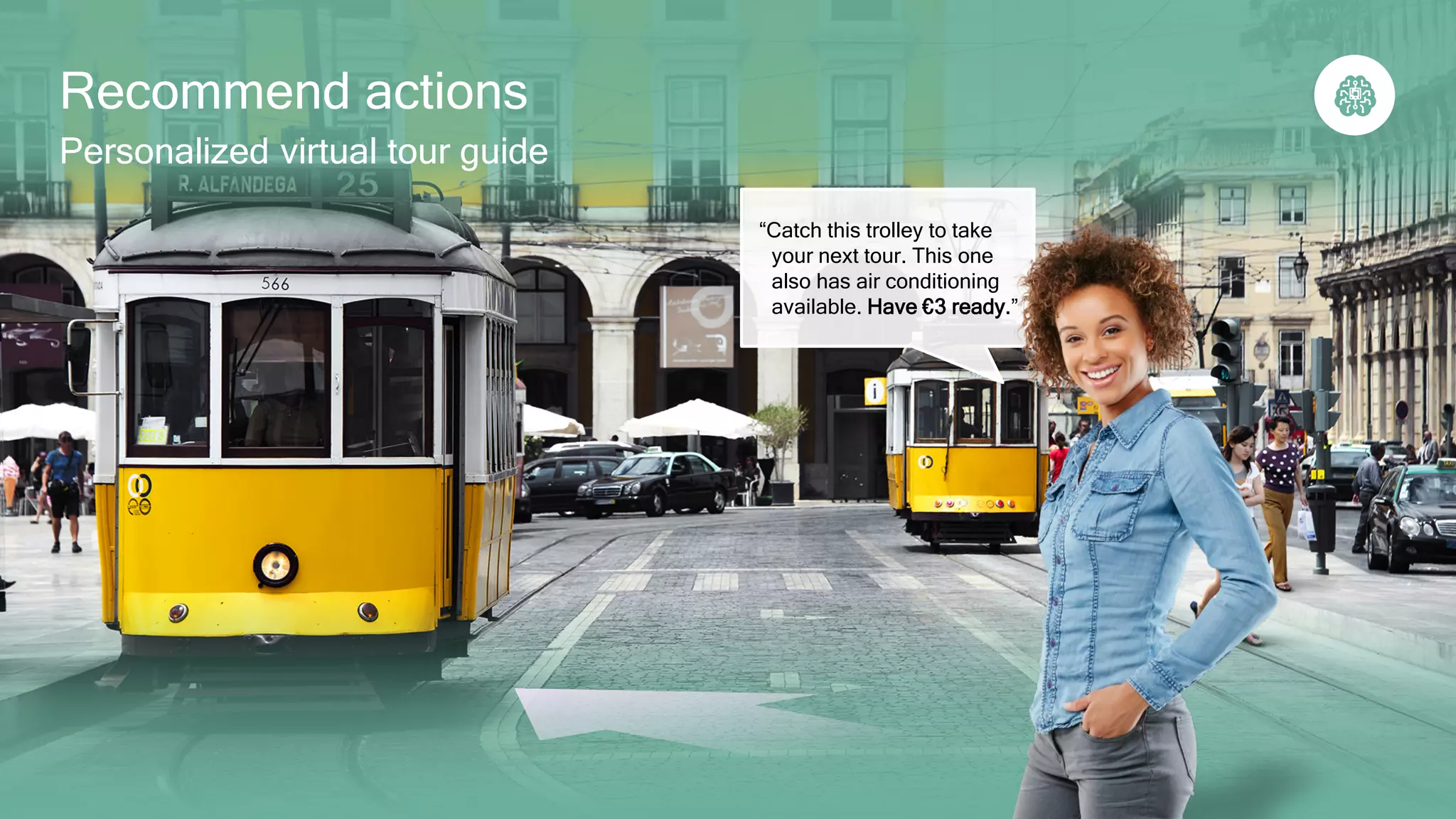 33
“Catch this trolley to take
your next tour. This one
also has air conditioning
available. Have €3 ready.”
Recommend actions
Personalized virtual tour guide
 