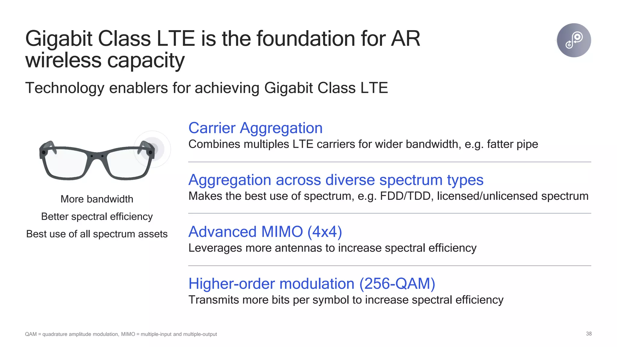 38
Gigabit Class LTE is the foundation for AR
wireless capacity
Technology enablers for achieving Gigabit Class LTE
QAM = quadrature amplitude modulation, MIMO = multiple-input and multiple-output
Carrier Aggregation
Combines multiples LTE carriers for wider bandwidth, e.g. fatter pipe
Aggregation across diverse spectrum types
Makes the best use of spectrum, e.g. FDD/TDD, licensed/unlicensed spectrum
Advanced MIMO (4x4)
Leverages more antennas to increase spectral efficiency
Higher-order modulation (256-QAM)
Transmits more bits per symbol to increase spectral efficiency
More bandwidth
Better spectral efficiency
Best use of all spectrum assets
 