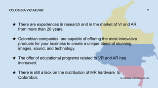 COLOMBIA VR/ AR /MR
XR COLOMBIA & NETHERLANDS 2020
05
★ There are experiences in research and in the market of Vr and AR
from more than 20 years.
★ Colombian companies are capable of offering the most innovative
products for your business to create a unique blend of stunning
images, sound, and technology.
★ The offer of educational programs related to VR and AR has
increased.
★ There is still a lack on the distribution of MR hardware to
Colombia.
 