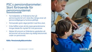 Varmas halvårsresultat 1.1.–30.6.2023
10
PSC:s pensionsbarometer:
Stort förtroende för
pensionssystemet
• Två tredjedelar av finländarna litar på
pensionssystemet och nästa lika många anser att
pensionstillgångarna hanteras pålitligt.
• Förtroendet sjönk något jämfört med förra året.
• Cirka hälften anser att de yngre generationerna
tvingas betala för mycket för sina pensioner.
• Nästan 60 procent av finländarna uppskattar att
de kommer att kunna klara sig skäligt ekonomiskt
under sin pensionstid.
Källa: Pensionsskyddscentralen
 