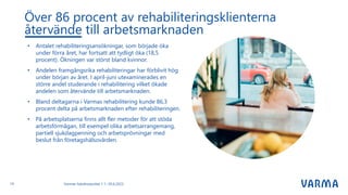 • Antalet rehabiliteringsansökningar, som började öka
under förra året, har fortsatt att tydligt öka (18,5
procent). Ökningen var störst bland kvinnor.
• Andelen framgångsrika rehabiliteringar har förblivit hög
under början av året. I april-juni utexaminerades en
större andel studerande i rehabilitering vilket ökade
andelen som återvände till arbetsmarknaden.
• Bland deltagarna i Varmas rehabilitering kunde 86,3
procent delta på arbetsmarknaden efter rehabiliteringen.
• På arbetsplatserna finns allt fler metoder för att stöda
arbetsförmågan, till exempel olika arbetsarrangemang,
partiell sjukdagpenning och arbetsprövningar med
beslut från företagshälsovården.
Över 86 procent av rehabiliteringsklienterna
återvände till arbetsmarknaden
Varmas halvårsresultat 1.1.–30.6.2023
14
 