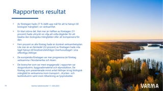 Varmas halvårsresultat 1.1.–30.6.2023
19
Rapportens resultat
• Av företagen hade 27 % ställt upp mål för att ta hänsyn till
biologisk mångfald i sin verksamhet.
• En klart större del, litet mer än hälften av företagen (51
procent) hade uttryckt sin vilja att vidta åtgärder för att
beakta den biologiska mångfalden eller att kompensera för
den.
• Fem procent av alla företag hade en konkret verksamhetsplan.
Lite mer än en femtedel (22 procent) av företagen hade inte
tagit hänsyn till biodiversitetsfrågor överhuvudtaget i sina
offentliga riktlinjer.
• De europeiska företagen var mer progressiva än företag
verksamma i Nordamerika och Asien.
• De branscher som var mest engagerade i rapporten var
skogsindustrin, byggnadsmaterial och elproduktion. De
företag som presenterade minst antal riktlinjer kring biologisk
mångfald är verksamma inom transport-, dryckes- och
textilindustrin samt inom tillverkning av lyxprodukter.
 