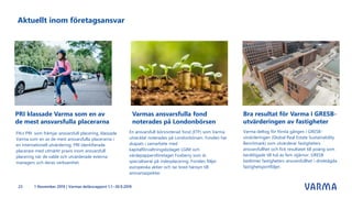 Aktuellt inom företagsansvar
PRI klassade Varma som en av
de mest ansvarsfulla placerarna
FN:s PRI som främjar ansvarsfull placering, klassade
Varma som en av de mest ansvarsfulla placerarna i
en internationell utvärdering. PRI identifierade
placerare med utmärkt praxis inom ansvarsfull
placering när de valde och utvärderade externa
managers och deras verksamhet.
Varma deltog för första gången i GRESB-
utvärderingen (Global Real Estate Sustainability
Benchmark) som utvärderar fastigheters
ansvarsfullhet och fick resultatet 68 poäng som
berättigade till två av fem stjärnor. GRESB
bedömer fastigheters ansvarsfullhet i direktägda
fastighetsportföljer.
Bra resultat för Varma i GRESB-
utvärderingen av fastigheter
En ansvarsfull börsnoterad fond (ETF) som Varma
utvecklat noterades på Londonbörsen. Fonden har
skapats i samarbete med
kapitalförvaltningsbolaget LGIM och
värdepappersföretaget Foxberry som är
specialiserat på indexplacering. Fonden följer
europeiska aktier och tar bred hänsyn till
ansvarsaspekter.
Varmas ansvarsfulla fond
noterades på Londonbörsen
1 November 2019 | Varmas delårsrapport 1.1.–30.9.201923
 