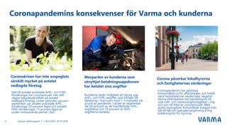 Coronakrisen har inte avspeglats
särskilt mycket på antalet
nedlagda företag
Sett till antalet avslutade ArPL- och FöPL-
försäkringar har coronaviruset inte haft
någon betydande effekt på antalet
nedlagda företag. Under perioden januari–
september var antalet avslutade ArPL-
försäkringar 50 procent lägre och antalet
FöPL-försäkringar 15 procent lägre än
under motsvarande period i fjol.
Kunderna hade möjlighet att skjuta upp
ArPL- och FöPL-avgifter som förfallit till
betalning i mars–juni med 1–3 månader på
grund av pandemin. I slutet av september
var 93 procent av de framflyttade FöPL-
avgifterna och 79 procent av ArPL-
avgifterna betalda.
Merparten av kunderna som
utnyttjat betalningsuppskoven
har betalat sina avgifter
Coronaepidemin har påverkat
hyresintäkterna för affärslokaler och hotell
samt fastigheternas värderingar negativt.
Varma efterskänkte två månadshyror till
sina café- och restauranghyresgäster i maj
och juni till följd av coronaviruset. Med
andra hyresgäster förhandlade bolaget från
fall till fall om specialarrangemang kring
betalningstid för hyrorna.
Corona påverkar lokalhyrorna
och fastigheternas värderingar
Varmas delårsrapport 1.1–30.9.2020 I 30.10.20204
Coronapandemins konsekvenser för Varma och kunderna
 