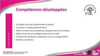• Echanger avec des professionnels du secteur
• Construire un projet personnel tutoré
• Mettre en œuvre les compétences acquises dans son entreprise
• Mettre en œuvre une stratégie permanente de veille
• Proposer des solutions en adéquation avec la stratégie définie
• Réaliser un mémoire
4.
Pratique
professionnelle
Compétences développées
 