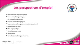 Les perspectives d’emploi
• Directeur(trice) de projets digitaux
• Expert en marketing stratégique
• On line Marketing Manager
• Responsable marketing digital
• Responsable marketing client et marketing relationnel
• Responsable Pôle Web
• Chef de projet digital
• Consultant social media
• Webmarketer
• Consultant e-marketing et e-business
 