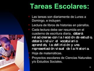 Tareas Escolares: Las tareas son diariamente de Lunes a Domingo, e incluyen: Lectura de libros de historias en p árrafos. Cada lectura debe ser resumida en el cuaderno de escritura diaria,  deber á  relacionarse con la lecci ón de estudio, deberá incluir el vocabulario aprendido, la definición y una representación visual de la historia. Hoja de matem áticas. Proyectos escolares de Ciencias Naturales y/o Estudios Sociales. 
