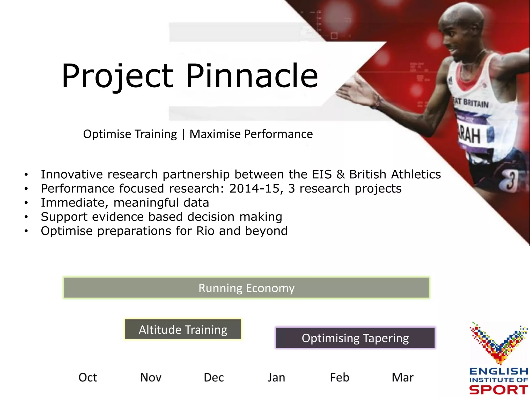 Project Pinnacle 
Optimise Training | Maximise Performance 
•Innovative research partnership between the EIS & British Athletics 
•Performance focused research: 2014-15, 3 research projects 
•Immediate, meaningful data 
•Support evidence based decision making 
•Optimise preparations for Rio and beyond 
Optimising Tapering 
Altitude Training 
Running Economy  
