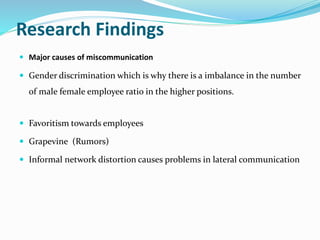 Research Findings
 Major causes of miscommunication
 Gender discrimination which is why there is a imbalance in the number
of male female employee ratio in the higher positions.
 Favoritism towards employees
 Grapevine (Rumors)
 Informal network distortion causes problems in lateral communication
 