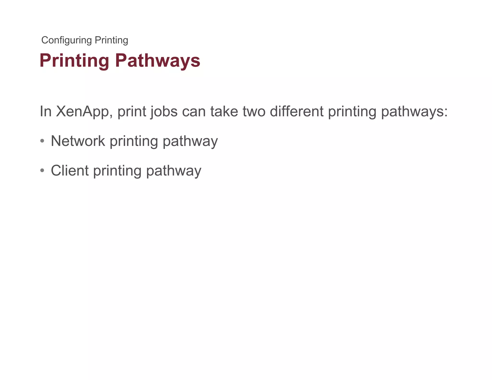Printing Pathwaysg y
In XenApp, print jobs can take two different printing pathways:pp, p j p g p y
• Network printing pathway
Cli t i ti th• Client printing pathway
 