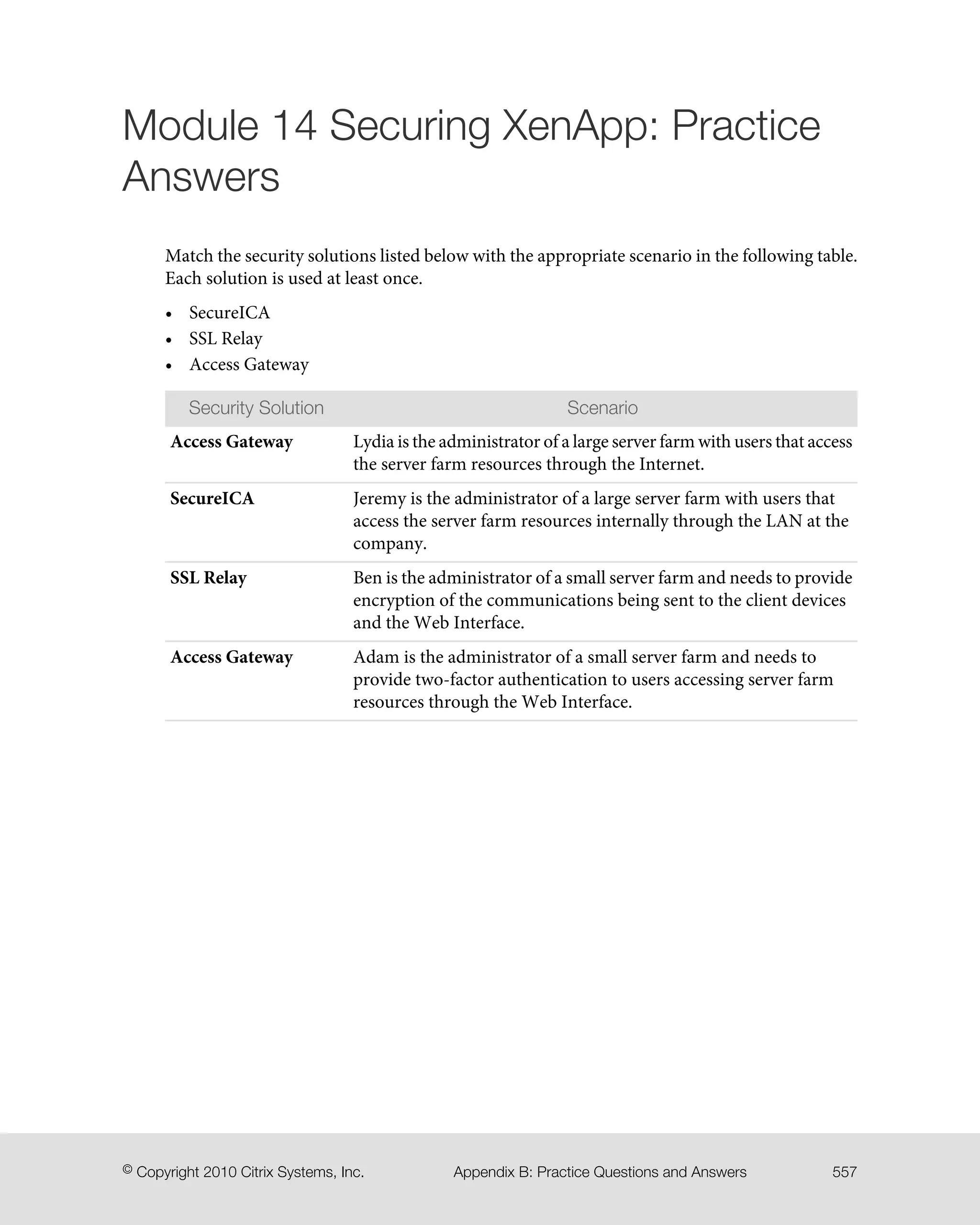 Module 14 Securing XenApp: Practice
Answers
Match the security solutions listed below with the appropriate scenario in the following table.
Each solution is used at least once.
• SecureICA
• SSL Relay
• Access Gateway
ScenarioSecurity Solution
Lydia is the administrator of a large server farm with users that access
the server farm resources through the Internet.
Access Gateway
Jeremy is the administrator of a large server farm with users that
access the server farm resources internally through the LAN at the
company.
SecureICA
Ben is the administrator of a small server farm and needs to provide
encryption of the communications being sent to the client devices
and the Web Interface.
SSL Relay
Adam is the administrator of a small server farm and needs to
provide two-factor authentication to users accessing server farm
resources through the Web Interface.
Access Gateway
557Appendix B: Practice Questions and Answers© Copyright 2010 Citrix Systems, Inc.
 
