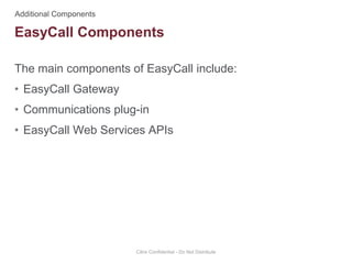 The main components of EasyCall include:
• EasyCall Gateway
• Communications plug-in
• EasyCall Web Services APIs
Citrix Confidential - Do Not Distribute
EasyCall Components
 