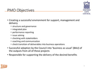PMO Objectives
• Creating a successful environment for support, management and
delivery
• structure and governance
• integrated plan
• performance reporting
• issue solving
• checking with stakeholders
• coaching and communication
• check transition of deliverables into business operations
• Successful adoption by the Council into ‘business as usual’ (BAU) of
the outputs from all of these projects
• Responsible for supporting the delivery of the desired benefits
12
 