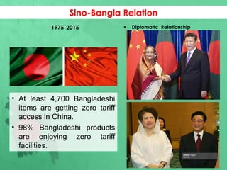 • At least 4,700 Bangladeshi
items are getting zero tariff
access in China.
• 98% Bangladeshi products
are enjoying zero tariff
facilities.
Sino-Bangla Relation
1975-2015 • Diplomatic Relationship
 