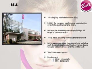 BELL


        The company was established in 1983.


        Initially the company was focusing on production
         of lipsticks, eye-liners and lip-liners.

        Bell was the first Polish company offering a full
           range of color cosmetics.

        Today Bell is a leading cosmetic brand in Poland.


        Bell is present on more than 30 markets, including
           such demanding as Russia, Ukraine, France, Spain,
           Georgia, Iceland , Greece and the Middle East.

        Total plant area 8 930 m2

        Employment:
                    2010 – 280 people
                    2011 –330 people
 