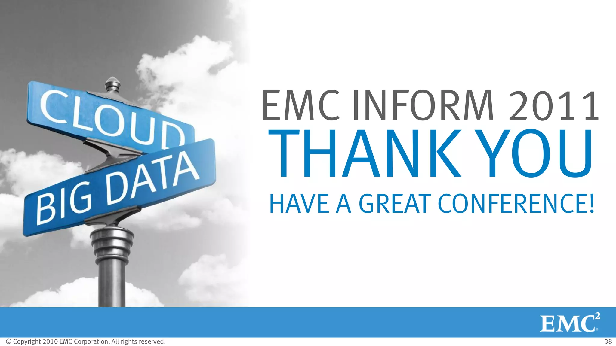 © Copyright 2010 EMC Corporation. All rights reserved. 38
THANK YOU
HAVE A GREAT CONFERENCE!
EMC INFORM 2011
 