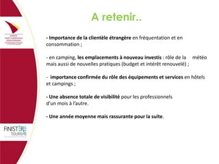 A retenir..
- Importance de la clientèle étrangère en fréquentation et en
consommation ;

- en camping, les emplacements à nouveau investis : rôle de la météo
mais aussi de nouvelles pratiques (budget et intérêt renouvelé) ;
- importance confirmée du rôle des équipements et services en hôtels
et campings ;

- Une absence totale de visibilité pour les professionnels
d’un mois à l’autre.
- Une année moyenne mais rassurante pour la suite.

 