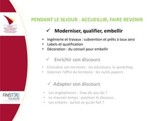 PENDANT LE SEJOUR : ACCUEILLIR, FAIRE REVENIR
 Moderniser, qualifier, embellir
• Ingénierie et travaux : subvention et prêts à taux zero
• Labels et qualification
• Décoration : du conseil pour embellir

 Enrichir son discours
• Connaître son territoire : les éductours, le workshop,
• Valoriser l’offre du territoire : les outils papiers

 Adapter son discours
• Les anglophones : how do you do ?
• Le mauvais temps : positiver le discours..
• Les enfants : qu’est ce qu’on fait ?

 
