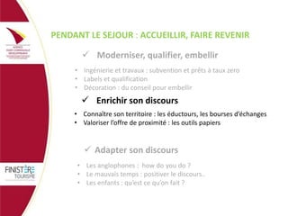 PENDANT LE SEJOUR : ACCUEILLIR, FAIRE REVENIR
 Moderniser, qualifier, embellir
• Ingénierie et travaux : subvention et prêts à taux zero
• Labels et qualification
• Décoration : du conseil pour embellir

 Enrichir son discours
• Connaître son territoire : les éductours, les bourses d’échanges
• Valoriser l’offre de proximité : les outils papiers

 Adapter son discours
• Les anglophones : how do you do ?
• Le mauvais temps : positiver le discours..
• Les enfants : qu’est ce qu’on fait ?

 