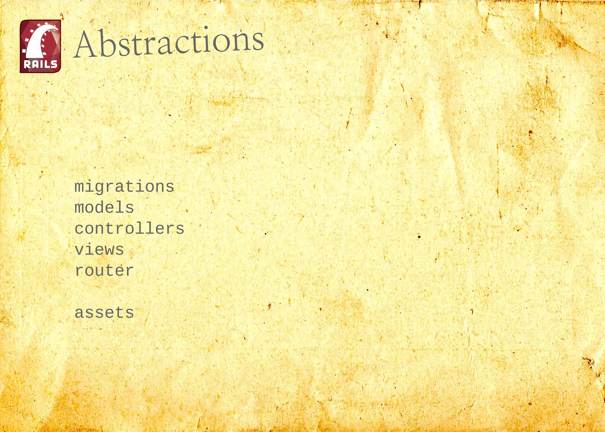 Abstractions
migrations
models
controllers
views
router
assets
 