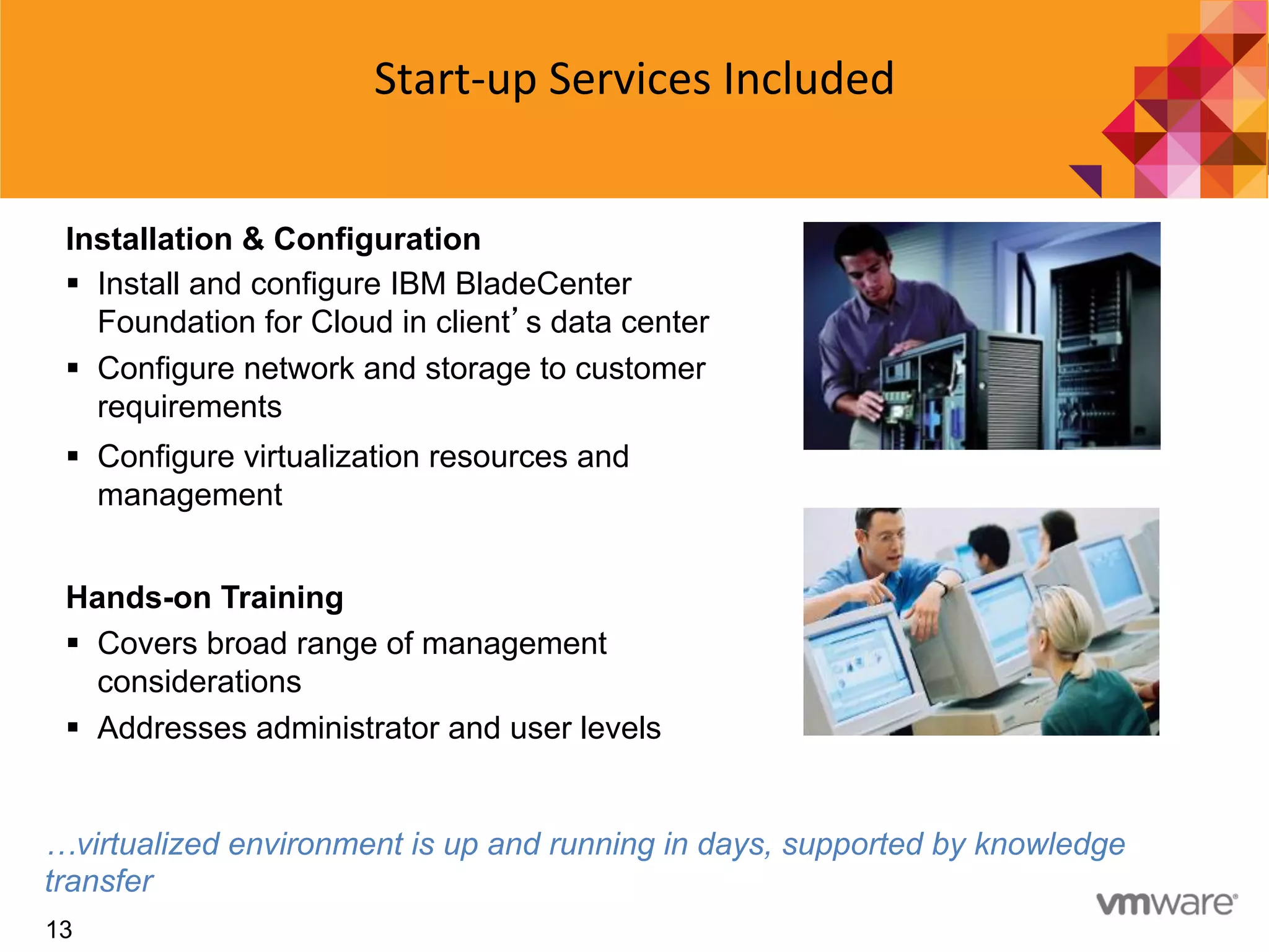 13
Start-­‐up	
  Services	
  Included	
  
…virtualized environment is up and running in days, supported by knowledge
transfer
Installation & Configuration
§  Install and configure IBM BladeCenter
Foundation for Cloud in client s data center
§  Configure network and storage to customer
requirements
§  Configure virtualization resources and
management
Hands-on Training
§  Covers broad range of management
considerations
§  Addresses administrator and user levels
 