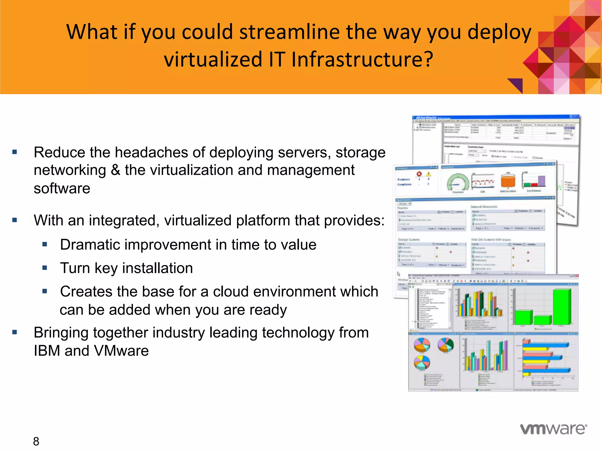88
§  Reduce the headaches of deploying servers, storage
networking & the virtualization and management
software
§  With an integrated, virtualized platform that provides:
§  Dramatic improvement in time to value
§  Turn key installation
§  Creates the base for a cloud environment which
can be added when you are ready
§  Bringing together industry leading technology from
IBM and VMware
What	
  if	
  you	
  could	
  streamline	
  the	
  way	
  you	
  deploy	
  
virtualized	
  IT	
  Infrastructure?	
  
Active Energy Manager
 