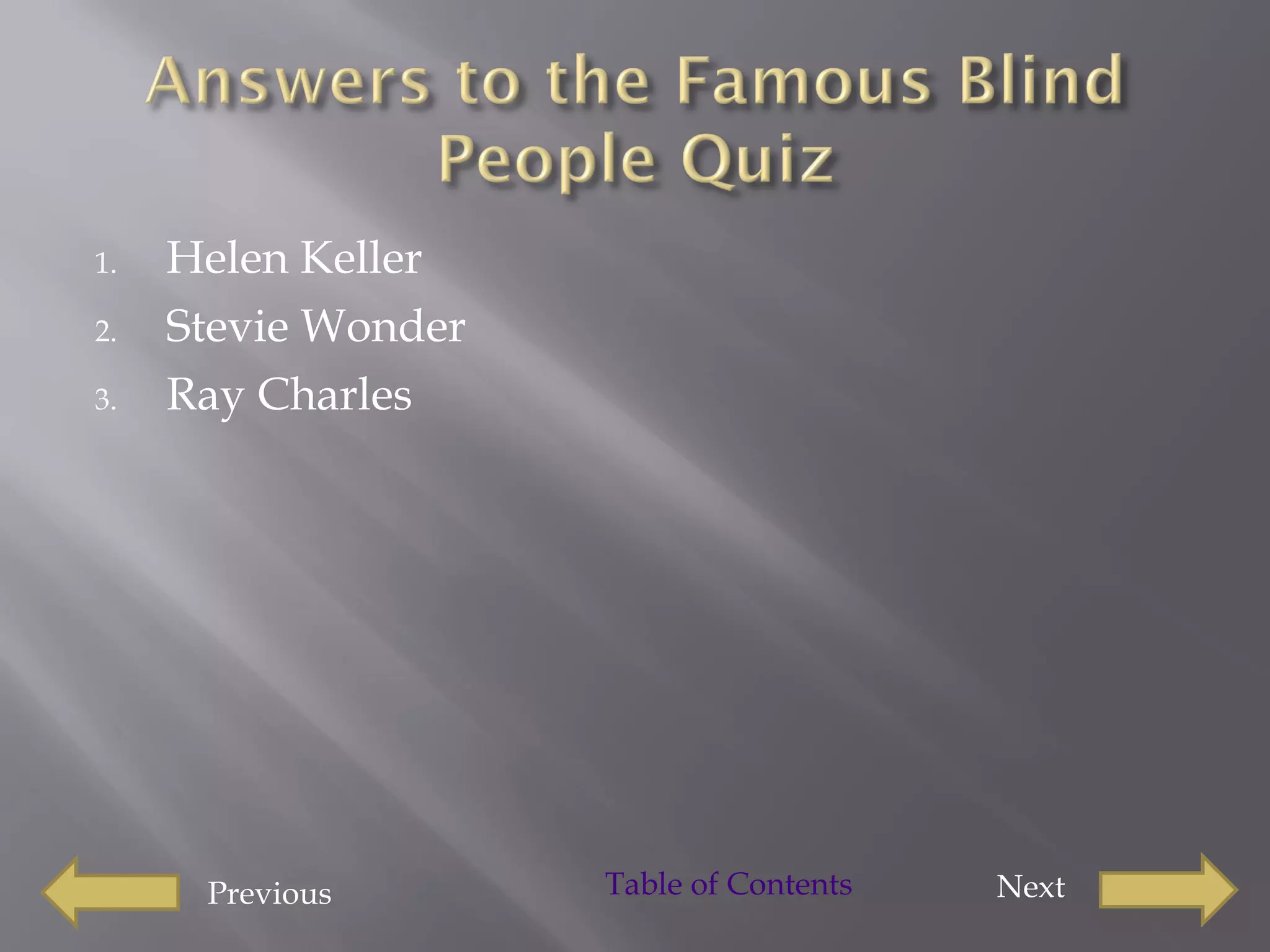 Helen Keller  Stevie Wonder Ray Charles Previous Next Table of Contents 