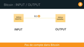 Bitcoin : INPUT / OUTPUT
Address
1xbtkdfkd…
0.1
INPUT OUTPUT
Pas de compte dans Bitcoin
Address
1Bs647Gt…
 