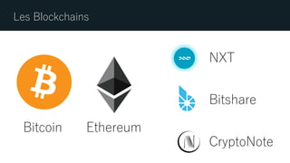 Les Blockchains
Bitcoin Ethereum
NXT
Bitshare
CryptoNote
 
