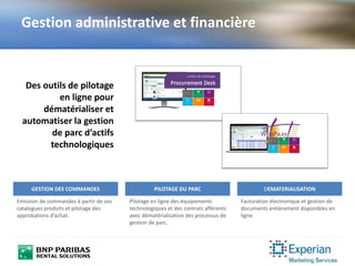 Gestion administrative et financière
GESTION DES COMMANDES
Emission de commandes à partir de vos
catalogues produits et pilotage des
approbations d’achat.
Pilotage en ligne des équipements
technologiques et des contrats afférents
avec dématérialisation des processus de
gestion de parc.
Facturation électronique et gestion de
documents entièrement disponibles en
ligne.
Des outils de pilotage
en ligne pour
dématérialiser et
automatiser la gestion
de parc d’actifs
technologiques
PILOTAGE DU PARC DEMATERIALISATION
 