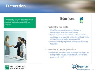 91
Facturation
Bénéfices
• Facturation par entité :
 Simplifier votre gestion administrative en
externalisant la refacturation interne
 Suivre en temps réel sur notre portail client : les
quotes-parts de loyer par entité, les actifs par entité
et le prévisionnel budgétaire par entité
 Un seul contrat par période pour toute vos filiales
facturées
• Facturation unique par contrat :
 Disposer d’une ventilation analytique des loyers au
bien par site, service, collaborateur… selon votre
propre référentiel
Choisissez pour plus de simplicité un
mode de facturation adapté à vos
besoins
 