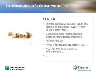 Et aussi
• Refonte applicative liée à la fusion des
canaux de logistiques : Super, Hyper,
Drive, e-commerce, …
• Expérience client : bornes tactiles,
beacons, murs digitaux interactifs…
• Relamping LED
• Projet d’optimisation d’énergie, RSE, …
• 4G, Free Wifi dans les zones
commerciales, …
• …
Contribuer au succès de tous vos projets
 