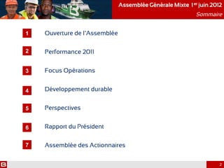 Ouverture de l’Assemblée
Performance 2011
Focus Opérations
Développement durable
Perspectives
Rapport du Président
Assemblée des Actionnaires
Assemblée Générale Mixte 1 er juin 2012
2012 2012Sommaire
1
2
4
5
6
7
3
2
 