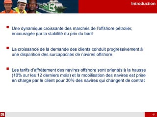  Une dynamique croissante des marchés de l’offshore pétrolier,
encouragée par la stabilité du prix du baril
 La croissance de la demande des clients conduit progressivement à
une disparition des surcapacités de navires offshore
 Les tarifs d’affrètement des navires offshore sont orientés à la hausse
(10% sur les 12 derniers mois) et la mobilisation des navires est prise
en charge par le client pour 30% des navires qui changent de contrat
Introduction
41
 