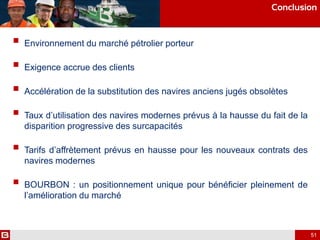  Environnement du marché pétrolier porteur
 Exigence accrue des clients
 Accélération de la substitution des navires anciens jugés obsolètes
 Taux d’utilisation des navires modernes prévus à la hausse du fait de la
disparition progressive des surcapacités
 Tarifs d’affrètement prévus en hausse pour les nouveaux contrats des
navires modernes
 BOURBON : un positionnement unique pour bénéficier pleinement de
l’amélioration du marché
Conclusion
51
 
