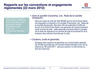 © 2011 Deloitte & Associés / EurAAudit – Tous droits réservésAssemblée Générale Mixte de la société BOURBON SA – Rapports des contrôleurs légaux
Rapports sur les conventions et engagements
réglementés (22 mars 2012)
72
 Avec la société Crownship, Ltd., filiale de la société
Sinopacific
– Dans le cadre du prêt de 400 MUSD que la China Exim Bank
est disposée à consentir à la société Crownship, Ltd., filiale de
la société Sinopacific, Bourbon SA est sollicitée à l’effet de
fournir à la China Exim Bank une garantie de remboursement
dudit contrat de prêt ; cette garantie prendrait effet à compter
de la date de signature du contrat de prêt et prendrait fin à la
livraison des navires financés par le prêt
 Cautions, avals et garanties
– Situation des cautions et garanties sur l’autorisation globale
de 30 M€ accordée par le Conseil d’Administration lors de sa
séance du 29 août 2011 : aucune caution n’a été émise au
titre de l’exercice
Approuvés au cours
d’exercices antérieurs
dont l'exécution s'est
poursuivie durant
l'exercice (suite)
(page 142,
Document de référence
2011)
 