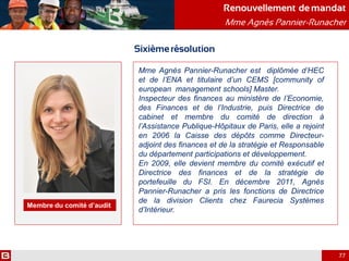Renouvellement de mandat
Mme Agnès Pannier-Runacher
Sixièmerésolution
Mme Agnès Pannier-Runacher est diplômée d’HEC
et de l’ENA et titulaire d’un CEMS [community of
european management schools] Master.
Inspecteur des finances au ministère de l’Economie,
des Finances et de l’Industrie, puis Directrice de
cabinet et membre du comité de direction à
l’Assistance Publique-Hôpitaux de Paris, elle a rejoint
en 2006 la Caisse des dépôts comme Directeur-
adjoint des finances et de la stratégie et Responsable
du département participations et développement.
En 2009, elle devient membre du comité exécutif et
Directrice des finances et de la stratégie de
portefeuille du FSI. En décembre 2011, Agnès
Pannier-Runacher a pris les fonctions de Directrice
de la division Clients chez Faurecia Systèmes
d’Intérieur.
77
Membre du comité d’audit
 