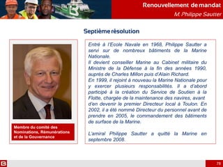Renouvellement de mandat
M. Philippe Sautter
Septièmerésolution
Entré à l’Ecole Navale en 1968, Philippe Sautter a
servi sur de nombreux bâtiments de la Marine
Nationale.
Il devient conseiller Marine au Cabinet militaire du
Ministre de la Défense à la fin des années 1990,
auprès de Charles Millon puis d’Alain Richard.
En 1999, il rejoint à nouveau la Marine Nationale pour
y exercer plusieurs responsabilités. Il a d’abord
participé à la création du Service de Soutien à la
Flotte, chargée de la maintenance des navires, avant
d’en devenir le premier Directeur local à Toulon. En
2002, il a été nommé Directeur du personnel avant de
prendre en 2005, le commandement des bâtiments
de surface de la Marine.
L’amiral Philippe Sautter a quitté la Marine en
septembre 2008.
Membre du comité des
Nominations, Rémunérations
et de la Gouvernance
78
 