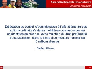 AssembléeGénérale Extraordinaire
Douzième résolution
95
Délégation au conseil d’administration à l'effet d’émettre des
actions ordinaires/valeurs mobilières donnant accès au
capital/titres de créance, avec maintien du droit préférentiel
de souscription, dans la limite d’un montant nominal de
8 millions d’euros
Durée : 26 mois
 