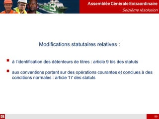 Modifications statutaires relatives :
 à l’identification des détenteurs de titres : article 9 bis des statuts
 aux conventions portant sur des opérations courantes et conclues à des
conditions normales : article 17 des statuts
AssembléeGénérale Extraordinaire
Seizième résolution
99
 