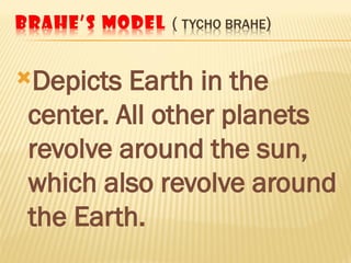 Depicts Earth in the
center. All other planets
revolve around the sun,
which also revolve around
the Earth.
 