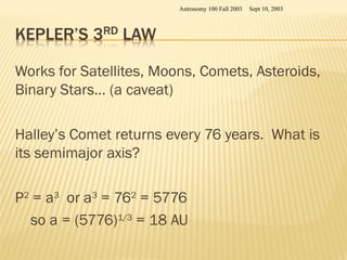 Works for Satellites, Moons, Comets, Asteroids,
Binary Stars… (a caveat)
Halley’s Comet returns every 76 years. What is
its semimajor axis?
P2
= a3
or a3
= 762
= 5776
so a = (5776)1/3
= 18 AU
Sept 10, 2003
Astronomy 100 Fall 2003
 