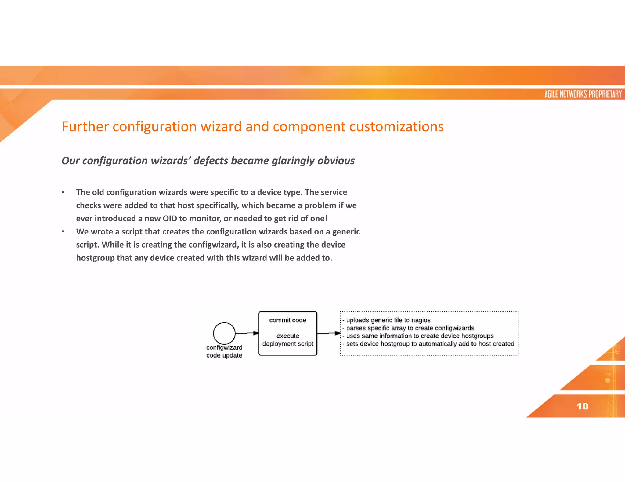 Further configuration wizard and component customizations
Our configuration wizards’ defects became glaringly obvious
• The old configuration wizards were specific to a device type. The service
checks were added to that host specifically, which became a problem if we
ever introduced a new OID to monitor, or needed to get rid of one!
• We wrote a script that creates the configuration wizards based on a generic
script. While it is creating the configwizard, it is also creating the device
hostgroup that any device created with this wizard will be added to.
10
 