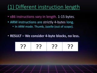 (1) Different instruction length
• x86 instructions vary in length. 1-15 bytes.
• ARM instructions are strictly 4-bytes long.
• In ARM mode. Thumb, Jazelle (out of scope).
• RESULT – We consider 4-byte blocks, no less.
?? ?? ????
 