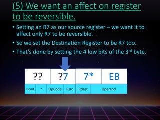(5) We want an affect on register
to be reversible.
• Setting an R7 as our source register – we want it to
affect only R7 to be reversible.
• So we set the Destination Register to be R7 too.
• That’s done by setting the 4 low bits of the 3rd byte.
???? ?? EB
OperandRsrc RdestOpCodeCond *
7*?7
 