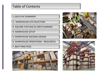 6. WAREHOUSE OPERATIONS - RESOURCES6. WAREHOUSE OPERATIONS - RESOURCES
5. WAREHOUSE RACKING DESIGN5. WAREHOUSE RACKING DESIGN
3. SQUARE FOOTAGE & CBM PLANNING3. SQUARE FOOTAGE & CBM PLANNING
1. EXECUTIVE SUMMARY1. EXECUTIVE SUMMARY
2. WAREHOUSE SITE SELECTION2. WAREHOUSE SITE SELECTION
4. WAREHOUSE SETUP4. WAREHOUSE SETUP
7. BEST PRACTICES7. BEST PRACTICES
Table of ContentsTable of Contents
 