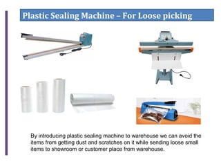 Plastic Sealing Machine – For Loose picking
By introducing plastic sealing machine to warehouse we can avoid the
items from getting dust and scratches on it while sending loose small
items to showroom or customer place from warehouse.
 