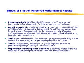 Effects of Trust on Perceived Performance: Results Regression Analysis  of Perceived Performance on Trust scale and Opportunity to Participate scale, for total sample and each industry. Equations control  for Industry (Medical, Apparel), Occupation (Blue-Collar vs. White-Collar), Union status, Formal and Informal Training, Wages, Pay for performance, Company seniority, Employment security, Company competitiveness, Whether company shares information, Work intensification, Education, Gender and Race Trust  is positively related to perceived work group/team productivity in steel and medical electronics, and to perceived quality of work in steel. Trust  is also positively related (p < .10) to an objective measure of performance (average uptime) in the steel industry. Opportunity to Participate in Decisions  is positively related to the two measures of perceived performance in steel and medical electronics. 
