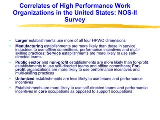 Correlates of High Performance Work Organizations in the United States: NOS-II Survey Larger  establishments use more of all four HPWO dimensions Manufacturing  establishments are more likely than those in service industries to use offline committees, performance incentives and multi-skilling practices;  Service  establishments are more likely to use self-directed teams Public sector  and  non-profit  establishments are more likely than for-profit establishments to use self-directed teams and offline committees;  For-profit  organizations are more likely to use performance incentives and multi-skilling practices Unionized  establishments are less likely to use teams and performance incentives Establishments are more likely to use self-directed teams and performance incentives in  core  occupations as opposed to support occupations 